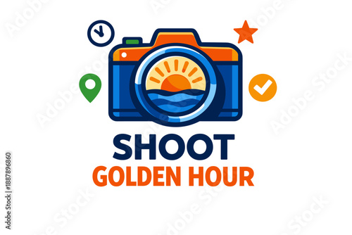 Golden hour camera icon with sunset and ocean theme