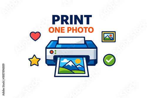 Printer printing colorful photo with icons of heart, star, and checkmark