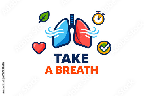 Take a breath illustration: blue and red lungs with wellness symbols