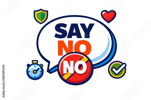 Say no concept: encouragement and decision-making symbol with heart and stopwatch icons