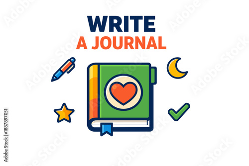 Write a journal: colorful book with heart, pen, star, moon, and checkmark icons