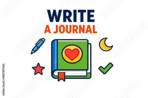 Write a journal: colorful journal, pen, heart, star, moon, checkmark icons