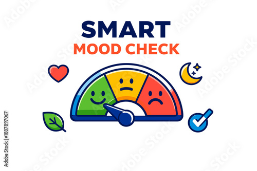 Smart mood check: colorful emotions gauge with icons for heart, leaf, moon, checkmark