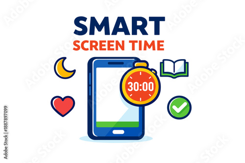 Smart screen time management graphic with mobile, timer, and symbols for balance