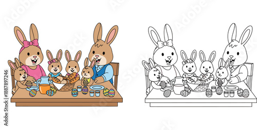 Happy bunny family having Easter feast at dining table with eggs, vector illustration with black and white coloring page outline.