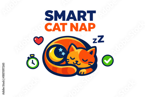 Smart cat nap logo with sleeping cat, clock, heart, and checkmark