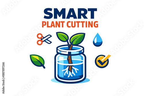 Smart plant cutting guide with jar, roots, and growth icons for effective propagation