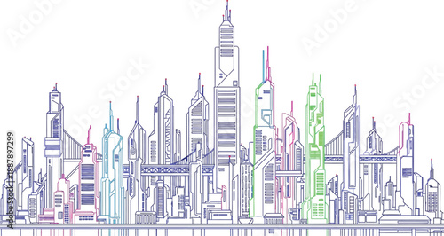 Futuristic cityscape line art with neon accents depicting advanced urban architecture