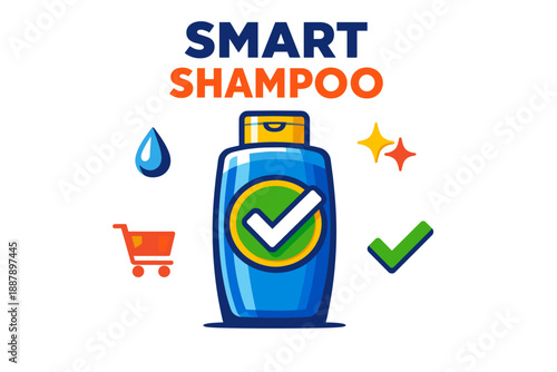 Smart shampoo bottle with check mark and shopping cart icons on white background