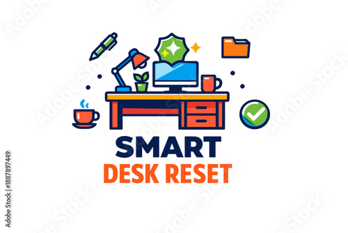 Smart desk reset logo featuring office setup with computer and lamp