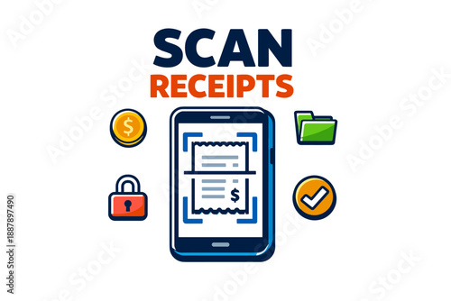 Receipt scanning app concept with icons of money, security, and organization