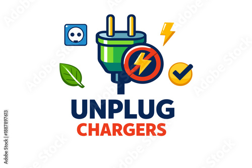 Unplug chargers graphic with eco-friendly elements and energy symbols