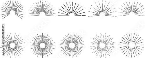 Vintage Sunburst and Ray Set with Retro Radiating Starburst Lines and Rising Sun Elements for Decorative Graphic Design Vector Illustration