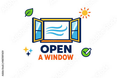 Open window with fresh air icons and eco-friendly symbols on white