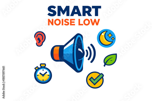Smart noise low volume control concept with icons of sound, sleep, and environment