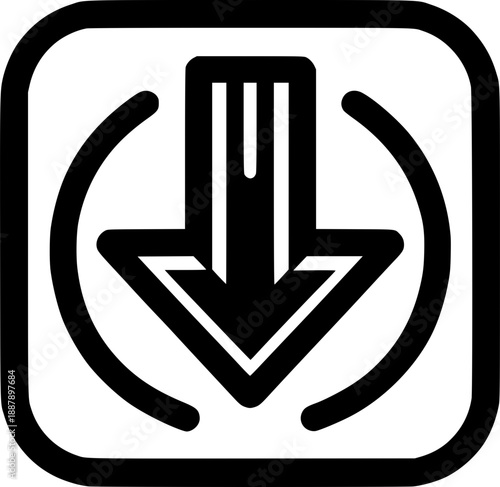 Download Symbol: An isolated minimalist design showcases a clear black and white icon, portraying a downward arrow enveloped by a circular motion.