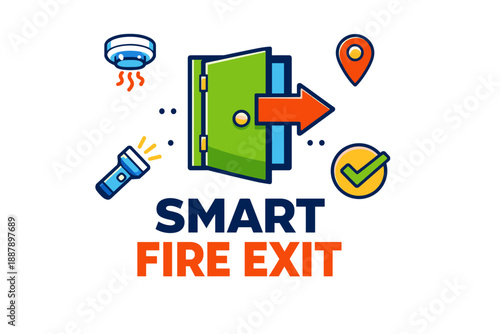 Smart fire exit concept with safety icons and emergency features