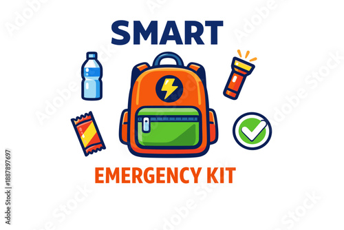 Smart emergency kit: essential backpack with flashlight, water bottle, snack bar, and checkmark symbol