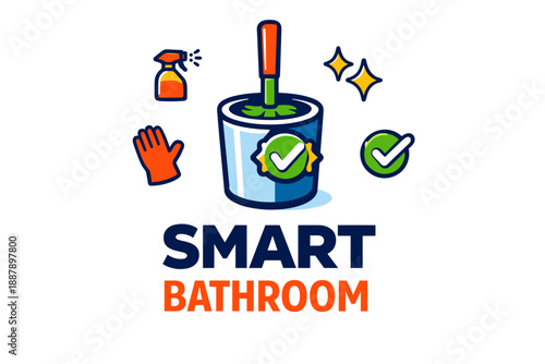 Smart bathroom design with cleaning icons and checklist symbols