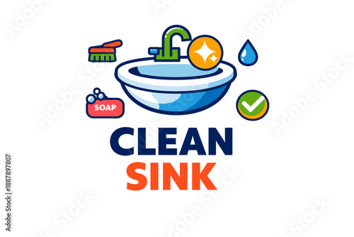 Clean sink icon with soap, faucet, and checkmark symbols