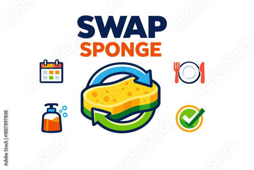Swap sponge for cleaner dishwashing routine with symbols of hygiene and schedule