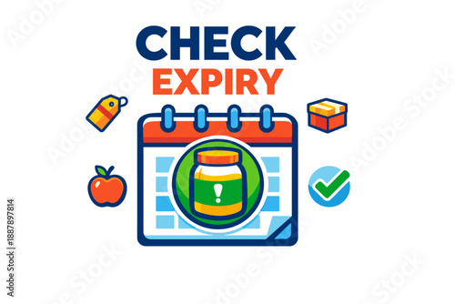 Check expiry date concept with calendar, jar, apple, boxes, and checkmark icons