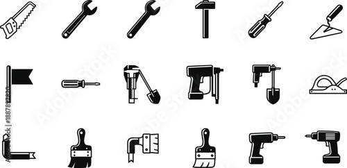 Black and white hand tool icon set vector illustration with construction equipment, carpentry tools, DIY hardware symbols for repair, building, and industrial design