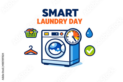 Smart laundry day with modern washing machine and cleaning icons