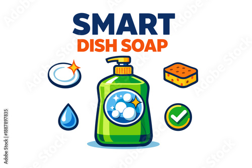 Smart dish soap packaging with bubbles, sponge, and checkmark illustration