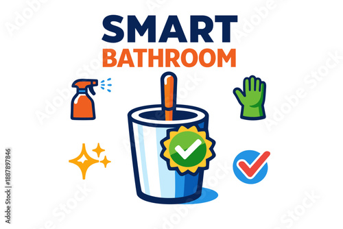 Smart bathroom cleaning tools with mop, spray bottle, glove, and checkmarks for efficient hygiene
