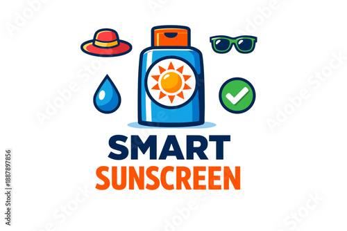Smart sunscreen design with sun icon, hat, sunglasses, droplet, and check mark