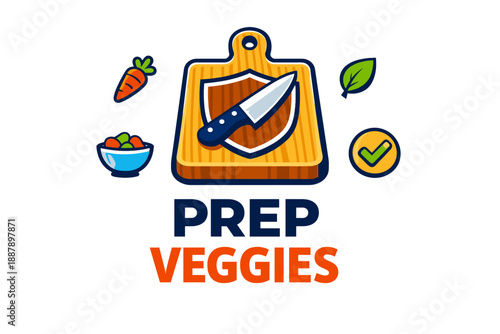 Prepare fresh vegetables: cutting board and knife with carrot and leaf icons