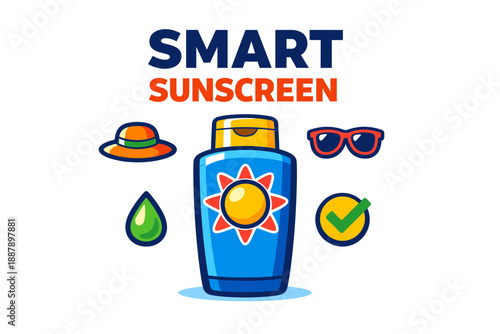 Smart sunscreen with sun hat, sunglasses, water drop, and checkmark icons
