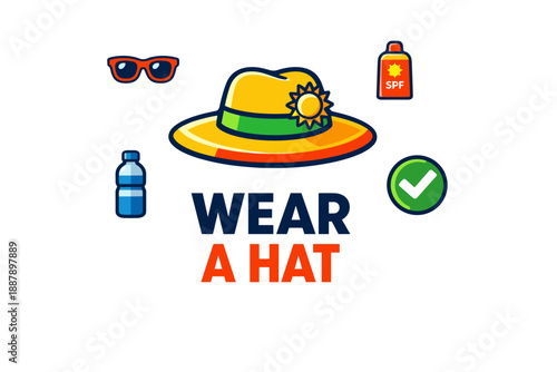 Colorful summer sun safety tips: hat, sunglasses, sunscreen, hydration reminder