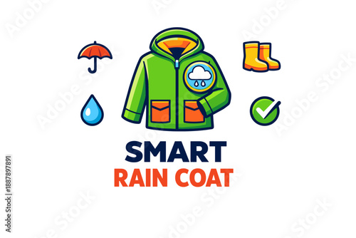 Smart rain coat design with icons of umbrella, boots, and weather symbols