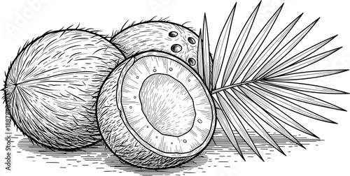 Black and white tropical illustration featuring whole and halved coconuts with palm leaf, ideal for botanical, food, summer, and exotic-themed creative projects.