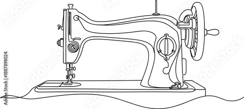 Black and white vintage sewing machine vector illustration with mechanical details, needle, handwheel, and ergonomic base for tailoring, textile, and garment design