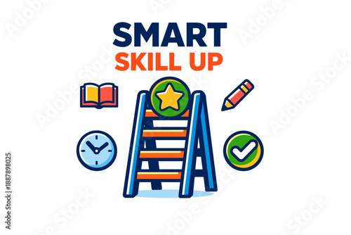 Smart skill up ladder with learning symbols: book, pencil, clock, checkmark