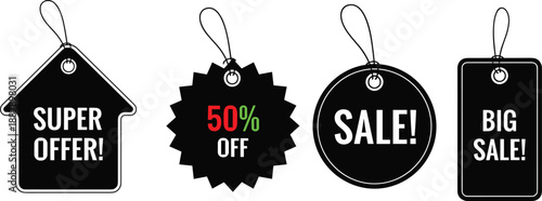 Black promotional sale tags with bold discount messages including “50% OFF” and “BIG SALE,” ideal for retail, marketing, and seasonal advertising campaigns.
