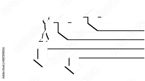 Illustration showing multiple direction arrows and a human silhouette symbolizing choices, career paths, decision making, and leadership.