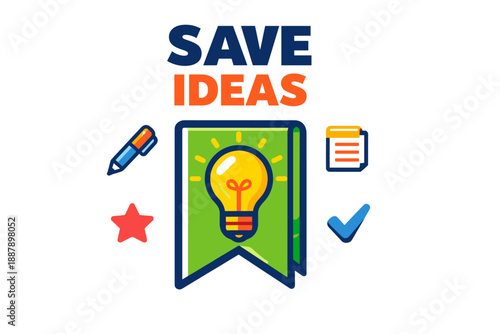 Creative icon collection featuring bulb, pen, star, note, and checkmark for idea saving