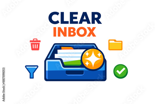 Clear inbox icon with organized files and completed tasks on white background