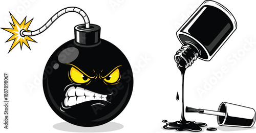 Cartoon-style black bomb with angry face and spilled nail polish bottle, combining danger and beauty in a playful, expressive black and white design.