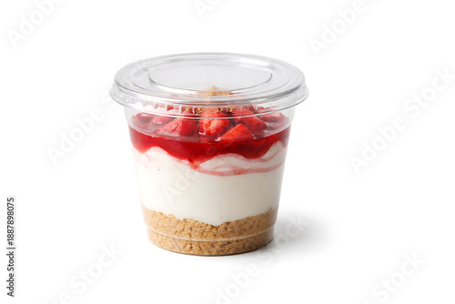 Strawberry cheesecake dessert cup isolated on white background