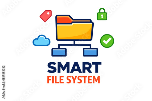 Smart file system icon with folder network and security symbols