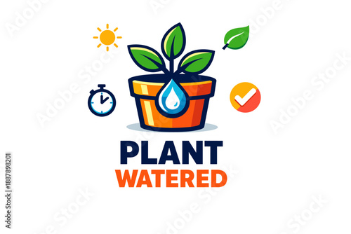 Plant care success: watered potted plant with leaf and sun icons