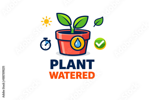 Potted plant with watered icon and growth symbols