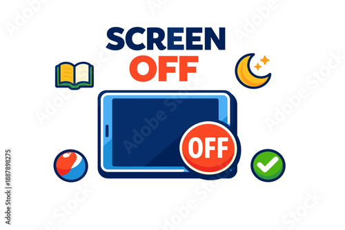 Screen off concept with tablet, book, moon, ball, and checkmark icons