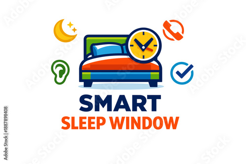 Smart sleep window concept with bed and clock illustration