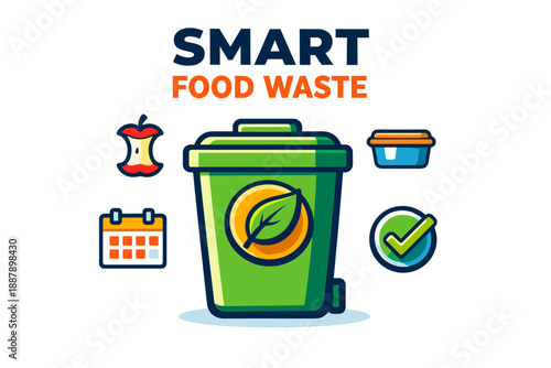 Smart food waste management icon with green bin and recycling symbols
